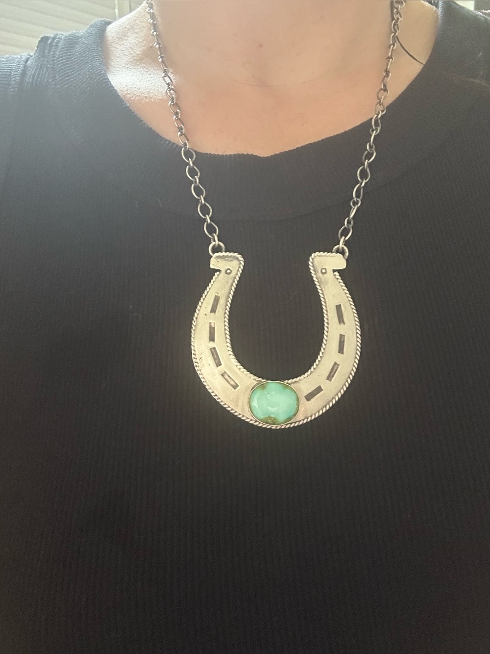 Large Sterling Silver Horseshoe Necklace with Sonoran gold Turquoise - Picture 4 of 4
